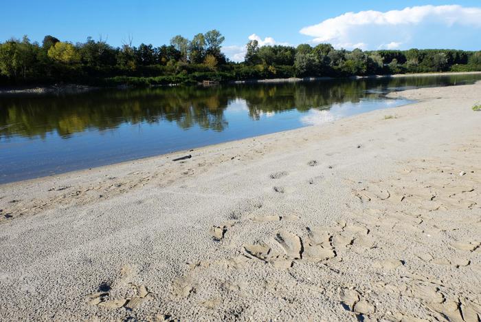 La sabbia del letto del fiume Po in secca a Zibello in provincia di Parma