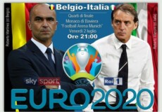 Cartello sulla partita Belgio-Italia con le immagini dei due allenatori Roberto Rodriguez (S) e Roberto Mancini (D).