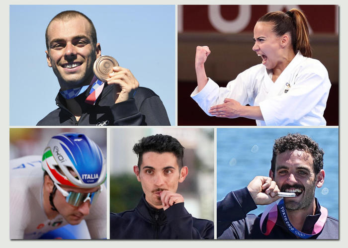 Le medaglie di oggi dell'Italia, da sinistra in senso orario: Paltrinieri, Bottaro, Rizza, Stano, Viviani