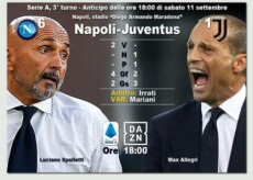 Cartello sullla sfida Napoli Juventus con le immagini di Luciano Spalletti e Maximiliano Allñegri