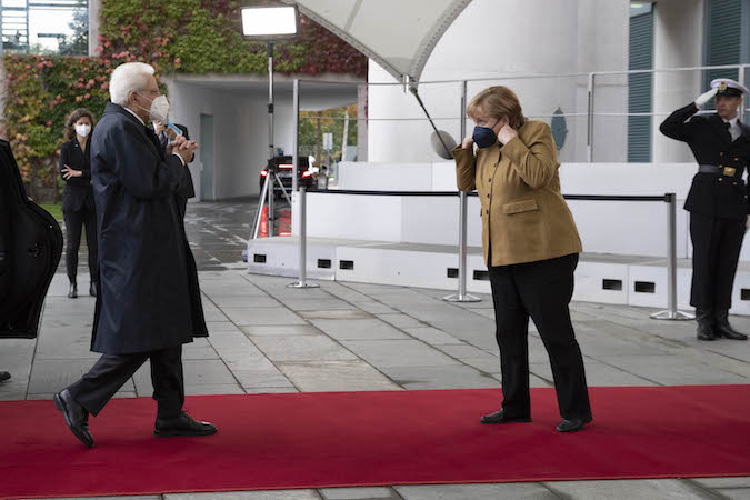 Berlino 12/10/2021 Il Presidente Sergio Mattarella accolto da Angela Merkel Cancelliera della Repubblica Federale di Germania, in occasione della visita Ufficiale