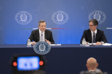 Il Presidente del Consiglio, Mario Draghi, presso la Sala Polifunzionale della Presidenza del Consiglio, in una conferenza stampa.