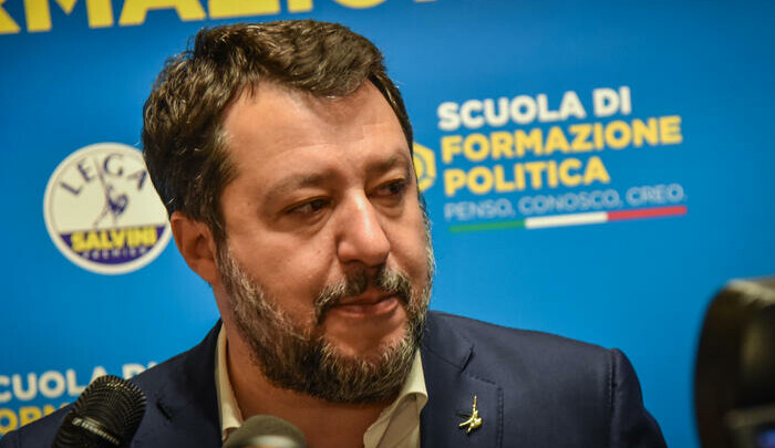Lega Matteo Salvini interviene alla scuola di formazione politica del partito a Milano