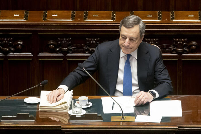 Il Presidente del Consiglio, Mario Draghi, durante l'informativa urgente sulla situazione in Ucraina nell'Aula della Camera, Archivio.