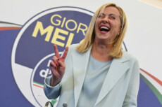Giorgia Meloni nel quartier generale di Fratelli d'Italia festeggia i risultati delle votazioni, 26 Settembre 2022.