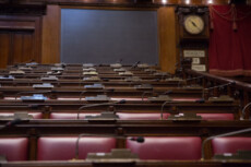 Il nuovo allestimento dell'assemblea parlamentare che considera la riduzione dei parlamentari voluta dall'ultimo esecutivo alla Camera a Roma, 6 ottobre 2022.