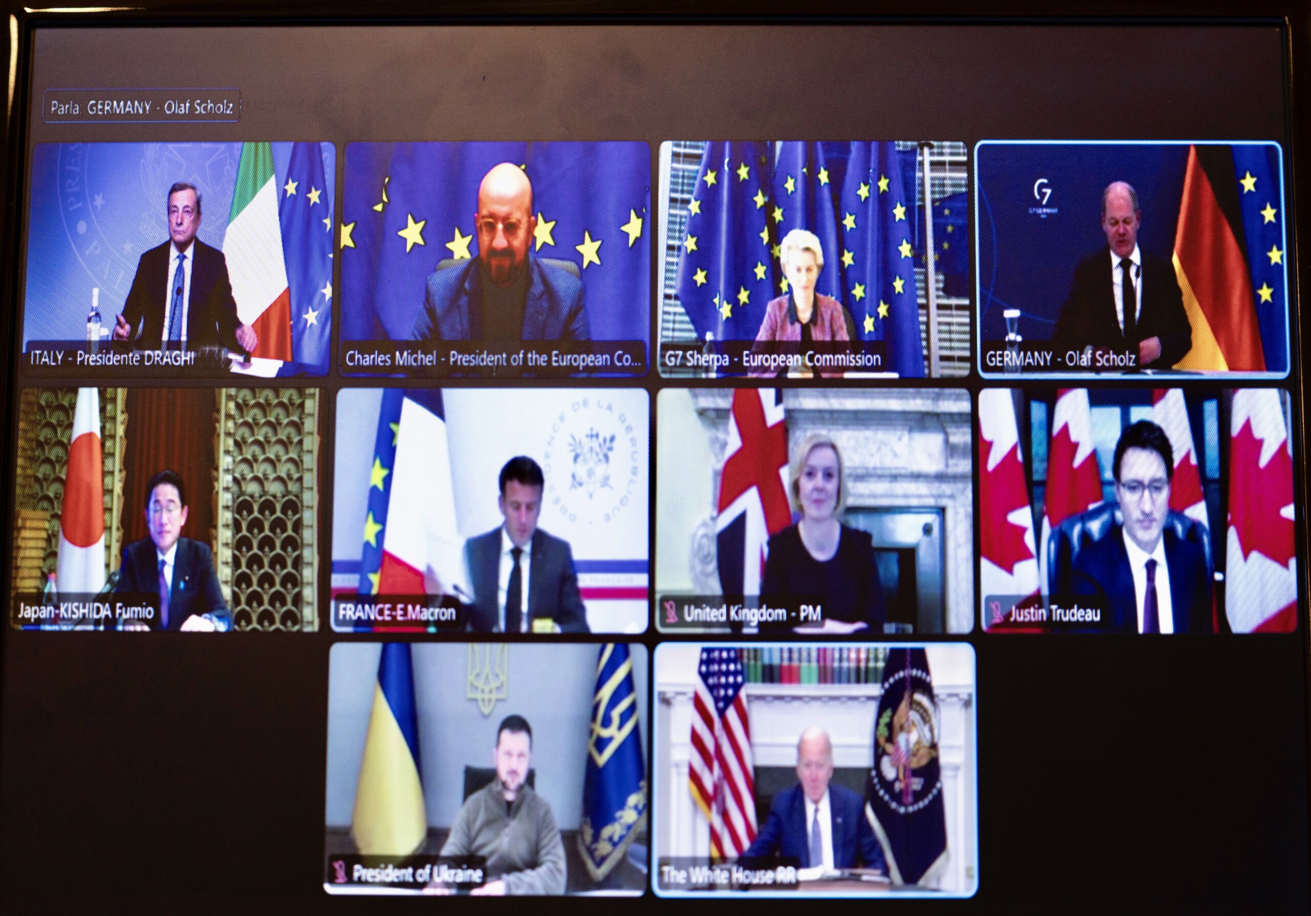 a riunione in videoconferenza dei Leader del G7, durante la quale è intervenuto anche il Presidente dell’Ucraina, Volodymyr Zelensky.