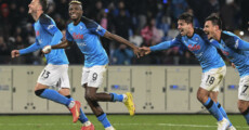 Victor Osimhen e Giovanni Simeone festeggiano la vittoria del Napoli sulla Roma nella 20esima giornata di campionato.