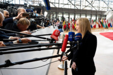 Bruxelles, 23/03/2023 - Il Presidente del Consiglio, Giorgia Meloni,tiene un punto stampa all'Europa Building.